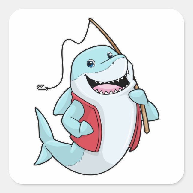 Shark at Fishing with Fishing rod Square Sticker (Front)