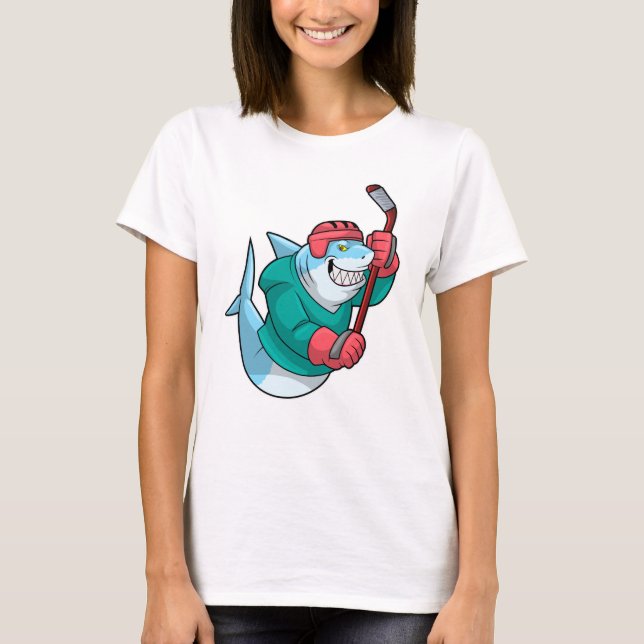 Shark at Ice hockey with Ice hockey stick & Helmet T-Shirt (Front)