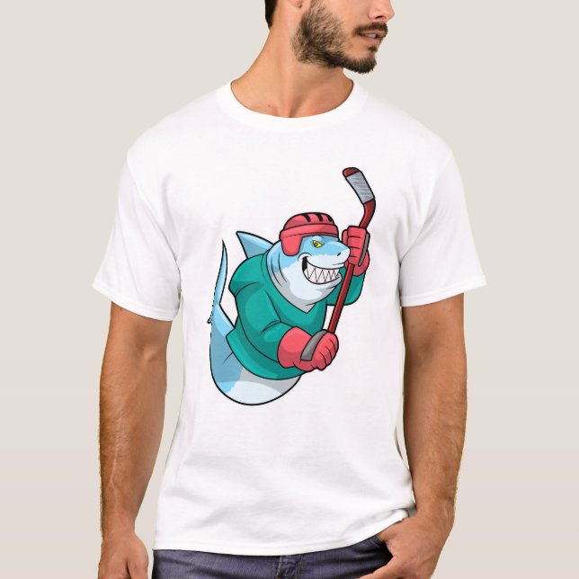 Shark at Ice hockey with Ice hockey stick & Helmet T-Shirt (Front)