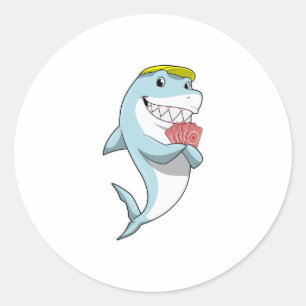 Shark at Poker with Poker cards Classic Round Sticker