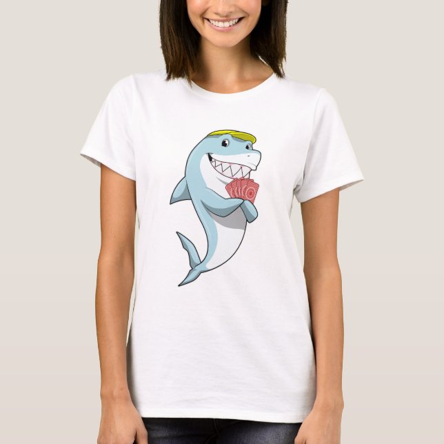 Shark at Poker with Poker cards T-Shirt (Front)