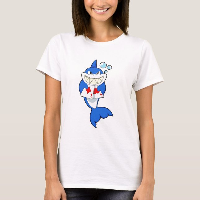Shark at Poker with Poker cards T-Shirt (Front)