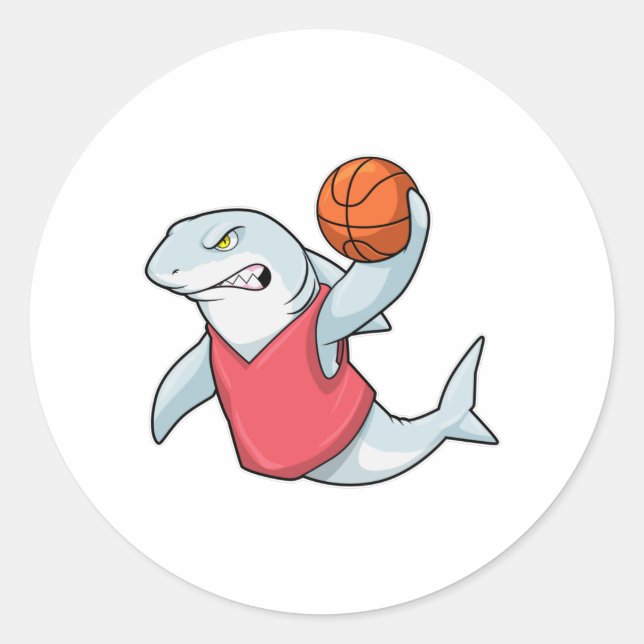 Shark at Sports with Basketball Classic Round Sticker (Front)