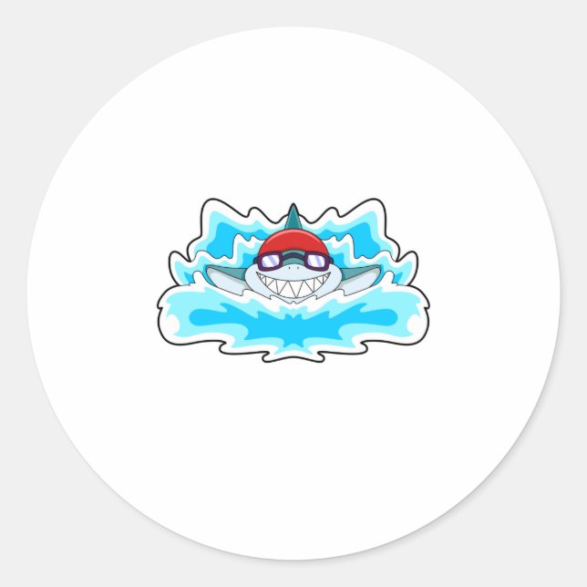 Shark at Swimming with Swimming goggles Classic Round Sticker (Front)