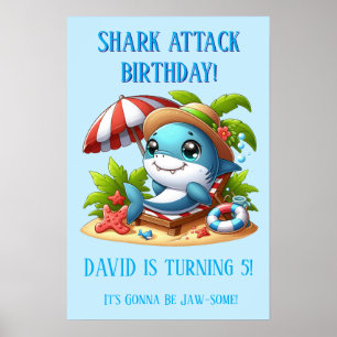 Shark Attack Beach Birthday Poster Editable Name