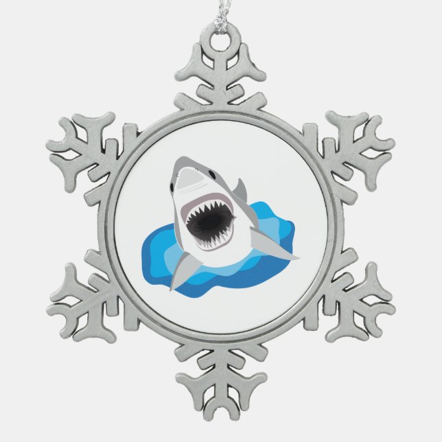 Shark Attack - Great White Shark Leaps from Waves Snowflake Pewter Christmas Ornament (Front)