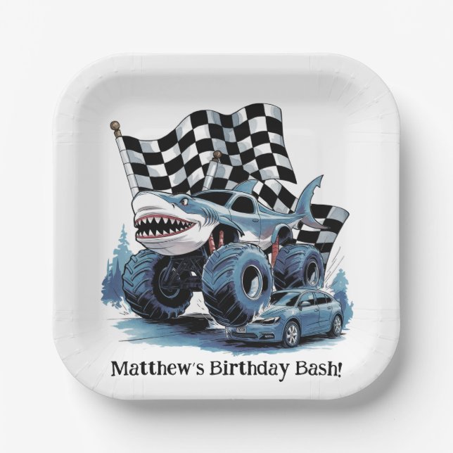 Shark Attack Monster Truck Birthday Bash Paper Plate (Front)