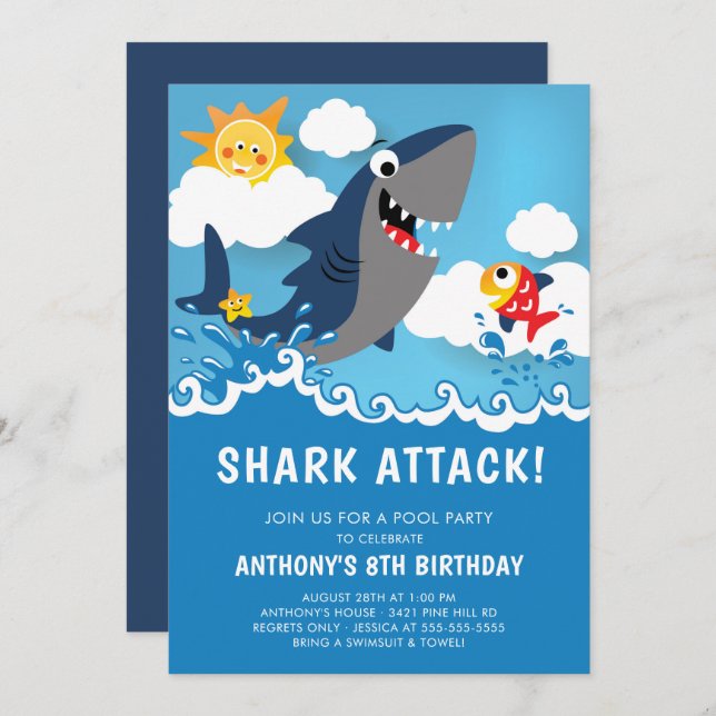 Shark Attack Pool Party Birthday Invitation (Front/Back)