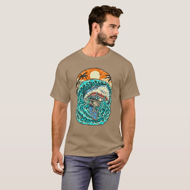 Shark Attacks Surfing Skeleton Dude Beach  T-Shirt (Front Full)
