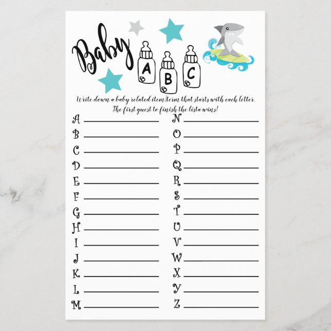 SHARK BABY ABC BABY SHOWER GAME CARD (Front)