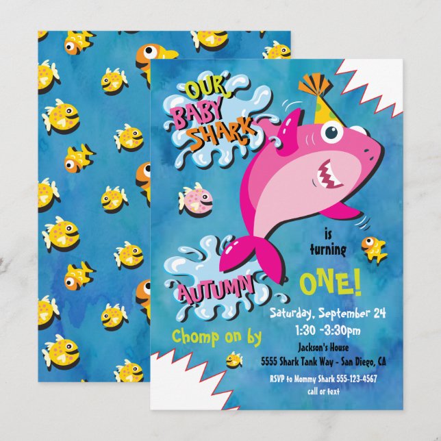 Shark Baby Girl Birthday Party invitation (Front/Back)