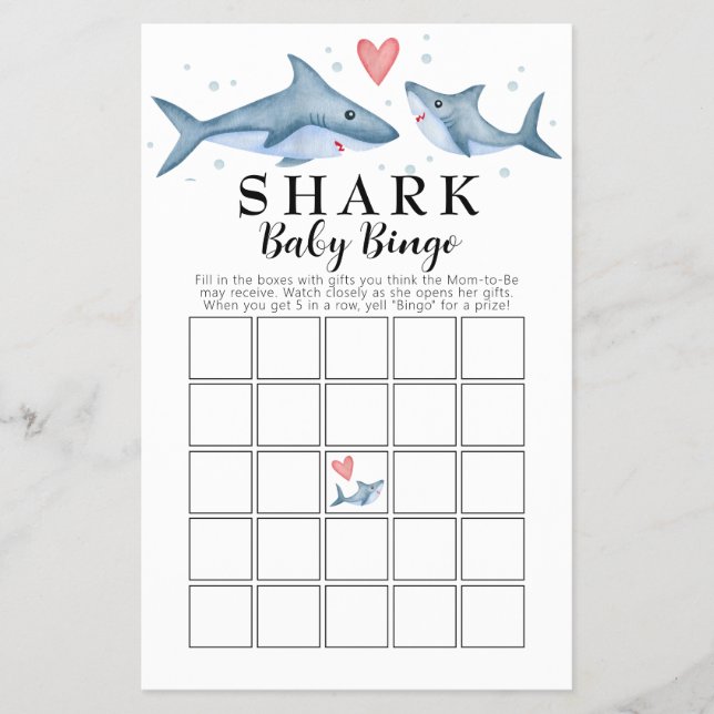 Shark Baby Shower Baby Bingo Card (Front)
