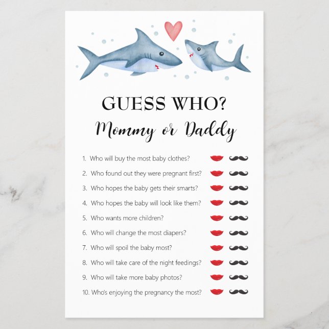 Shark Baby Shower "Guess Who Mummy or Daddy" Game Flyer (Front)