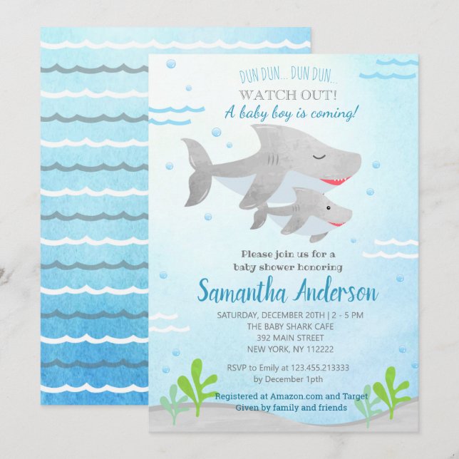 Shark Baby Shower Invitations for baby boy (Front/Back)