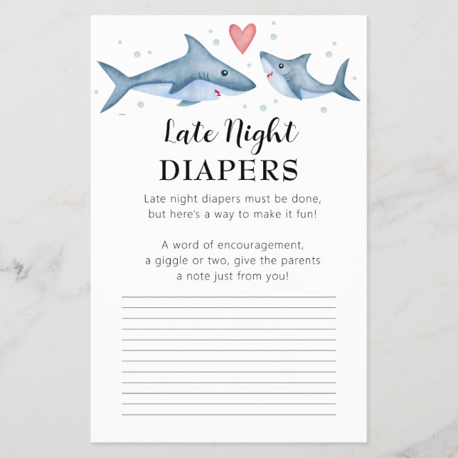 Shark Baby Shower Late Night Diapers Advice Card (Front)