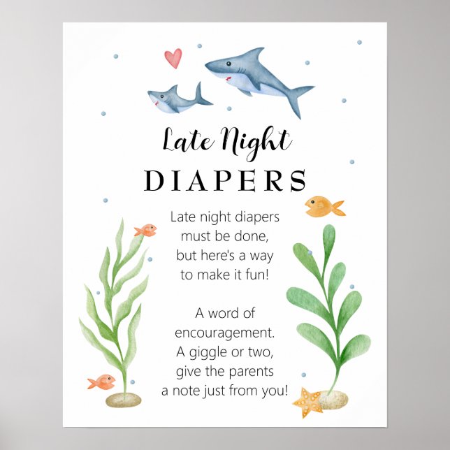 Shark Baby Shower Late Night Diapers Sign (Front)