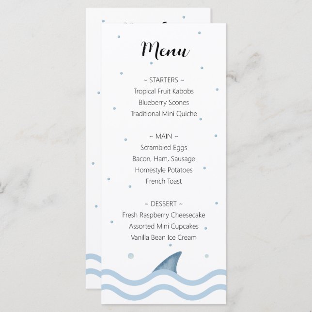 Shark Baby Shower Menu with Shark Fin & Bubbles (Front/Back)