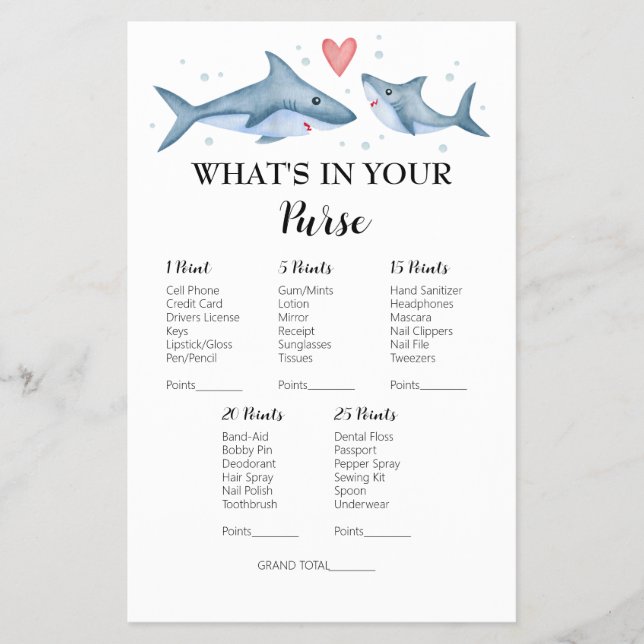 Shark Baby Shower "What's In Your Purse" Game Flyer (Front)
