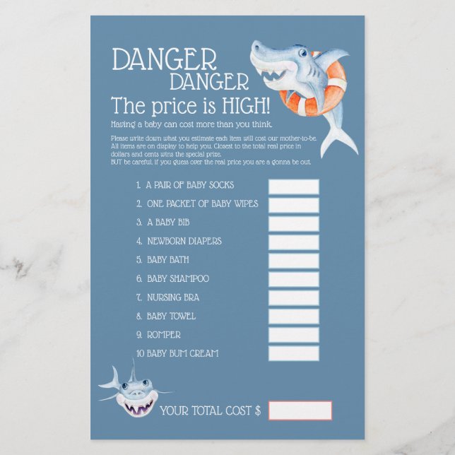 Shark baby shower word search price guess game flyer (Back)