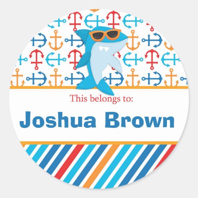 Shark Back to School Personalised Round Stickers (Front)