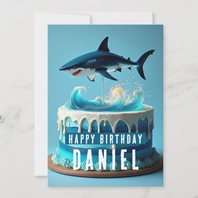 Shark Birthday Card - Ocean Waves Cake Design (Front)