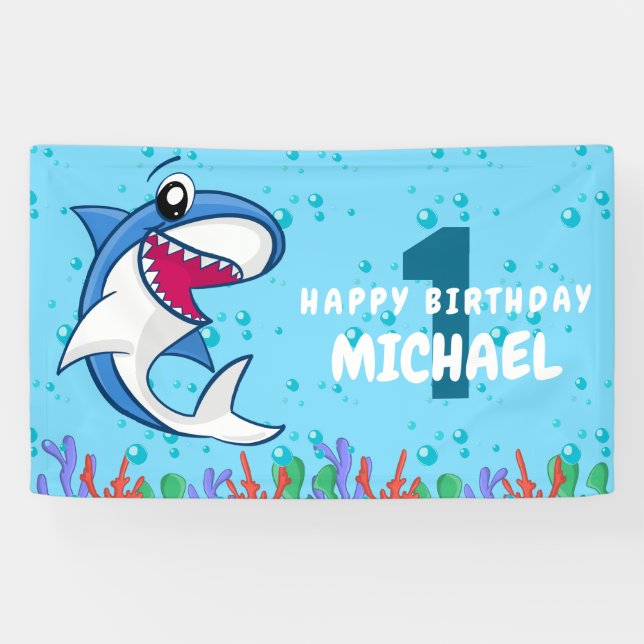 Shark Birthday First Bday Ocean Kids Banner (Horizontal)