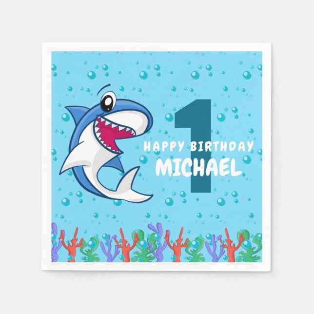Shark Birthday First Bday Ocean Kids Napkin (Front)