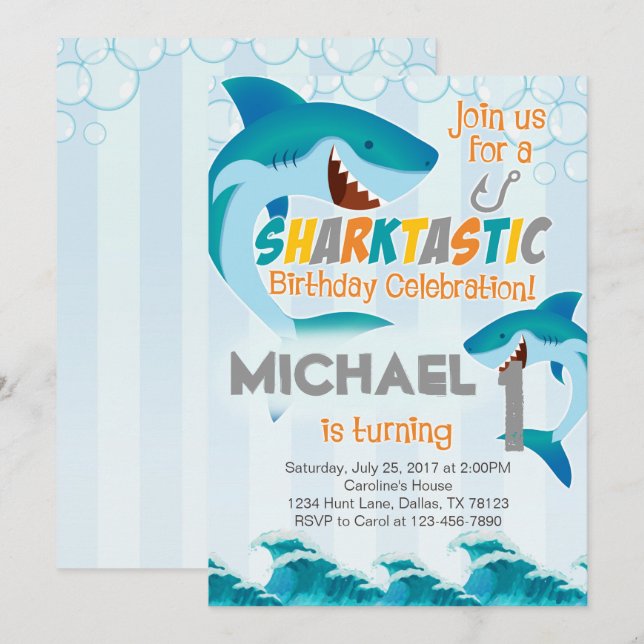Shark Birthday Party Invitation Boy Summer (Front/Back)