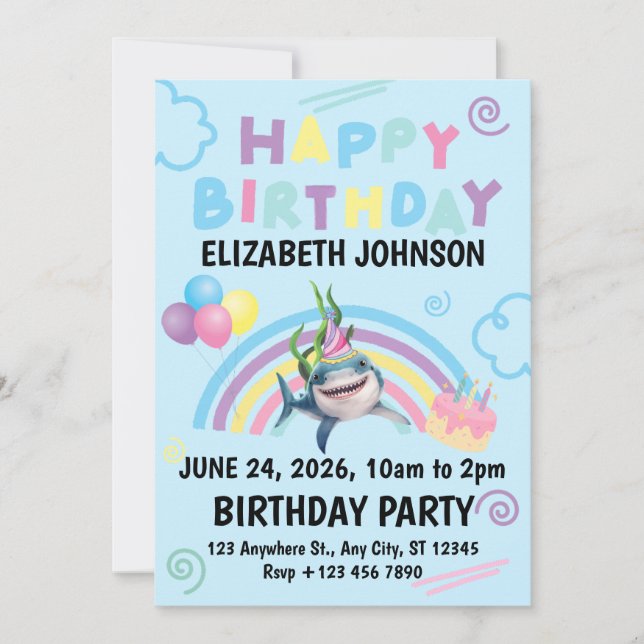 Shark Birthday Party Invitation in Blue (Front)
