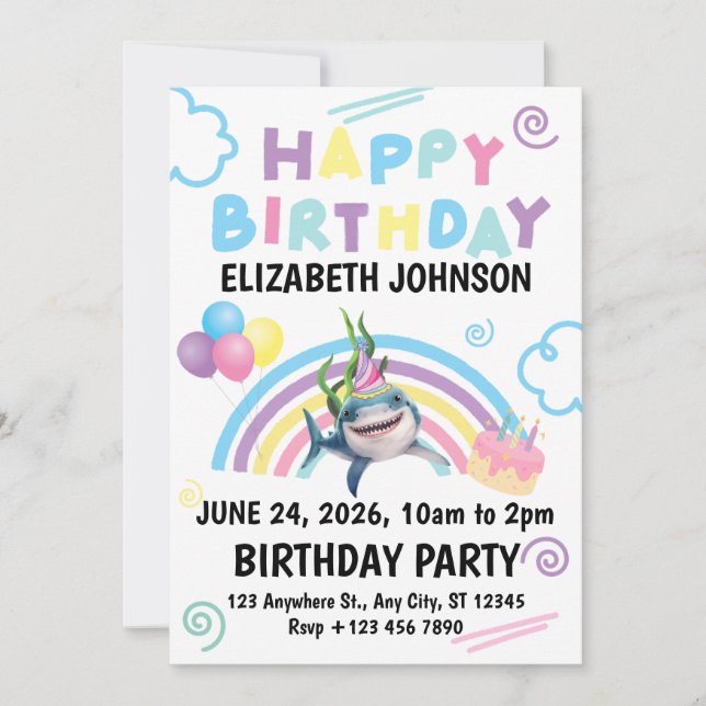 Shark Birthday Party Invitation in White (Front)
