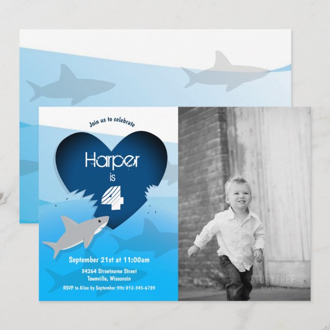 Shark Birthday Party Photo Invitation (Front/Back)