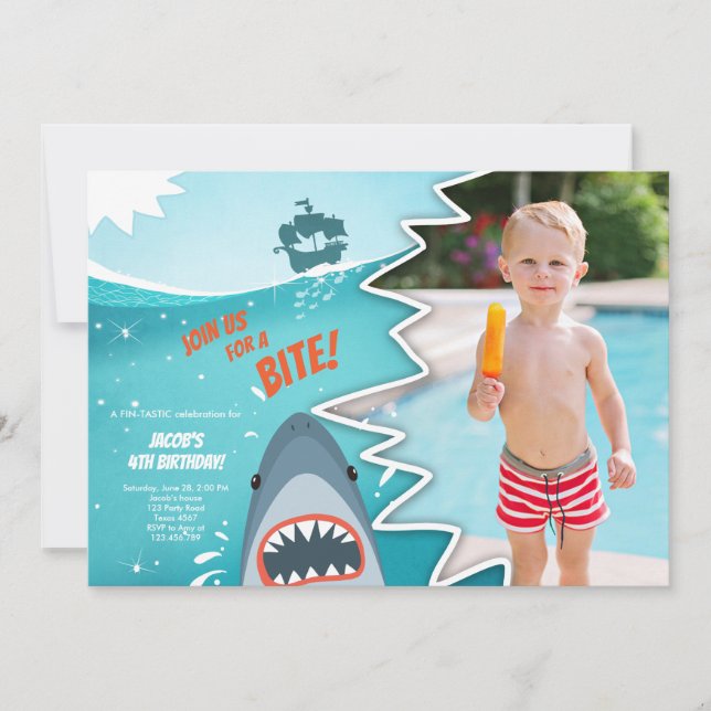 Shark Birthday Pool party boy Shark Bite Bait Swim Invitation (Front)