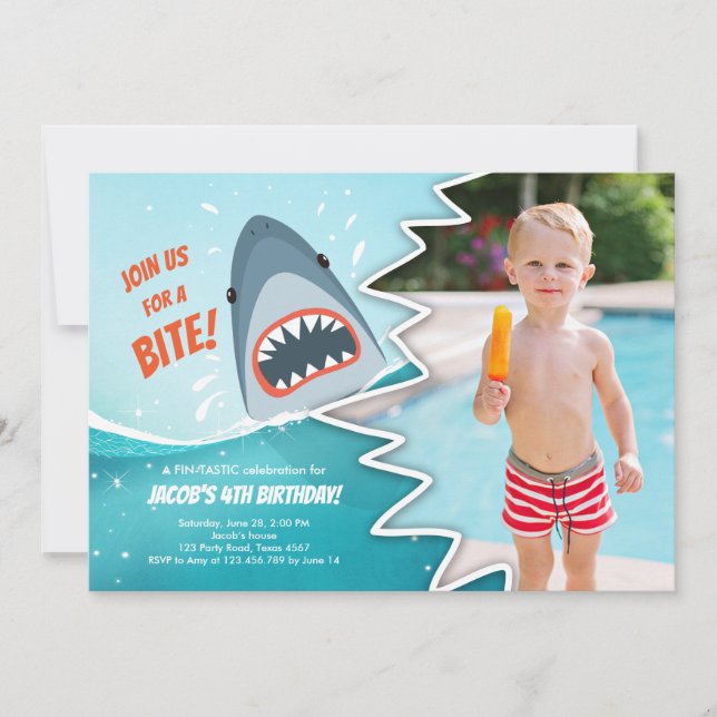 Shark Birthday Pool party boy Shark Bite Bait Swim Invitation (Front)