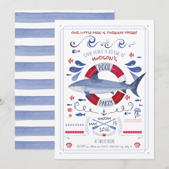 Shark Birthday Pool Party Invitation (Front/Back)