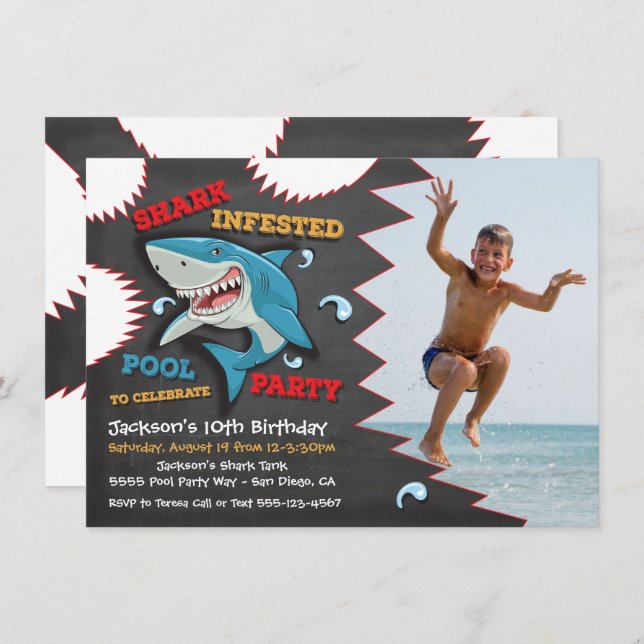Shark Birthday Swimming Pool Party Invitations (Front/Back)