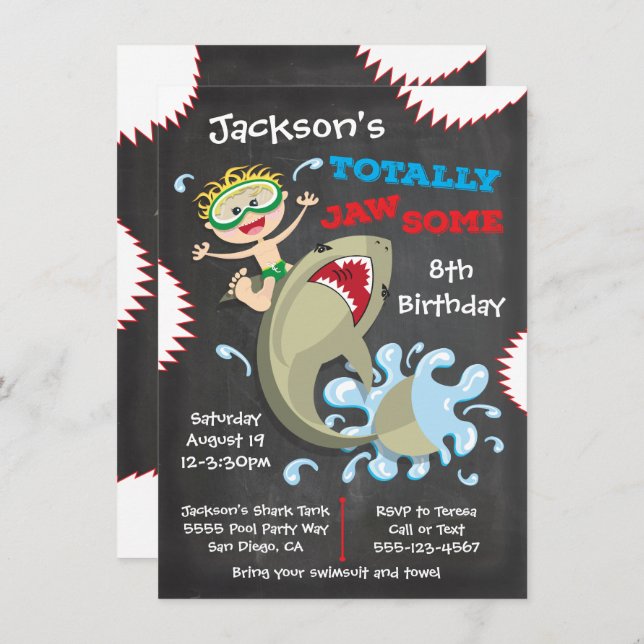 Shark Birthday Swimming Pool Party Invitations (Front/Back)