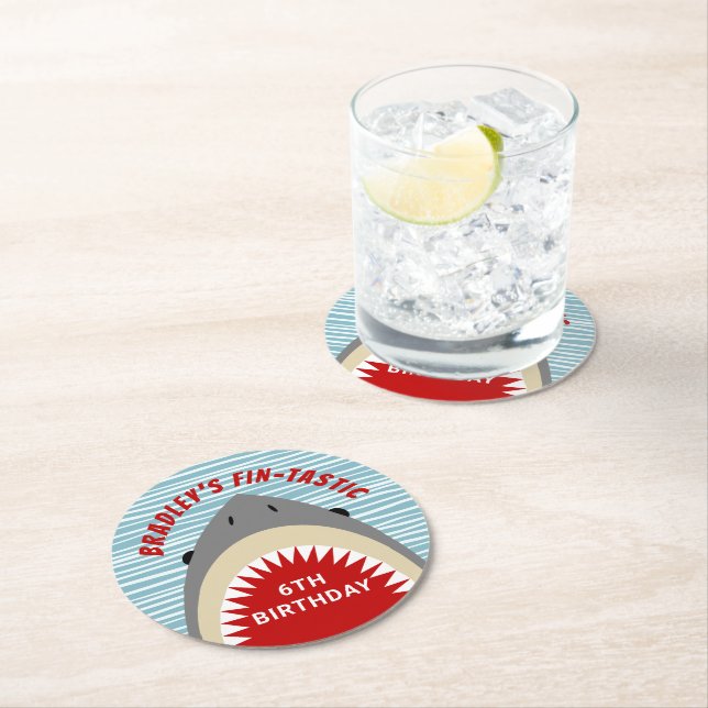Shark Bite Any Age Birthday Party Round Paper Coaster (Insitu)