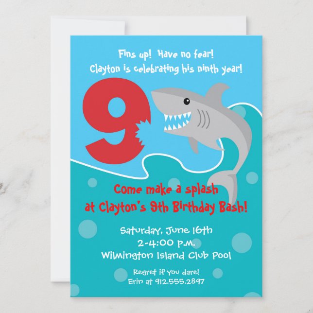 Shark Bite Invite- 9th Birthday Party Invitation (Front)