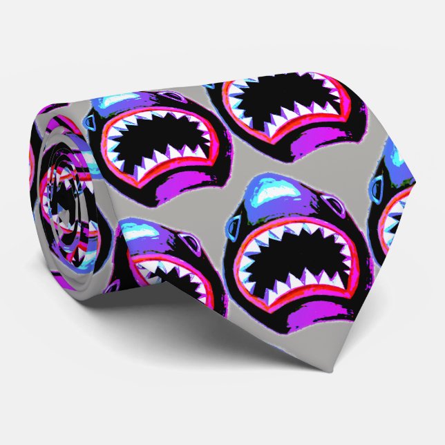 Shark Bite Pink Purple Illustration Tie (Rolled)
