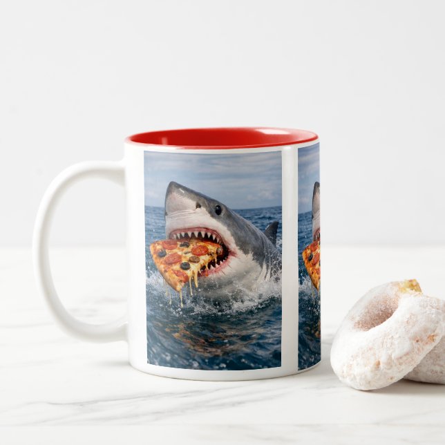 shark bites pizza Two-Tone coffee mug (With Donut)