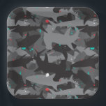 Shark Black & Teal Camouflage Pattern Paper Plate<br><div class="desc">Add a "bite" of fun to your party these cool (yet scary!) shark camouflage pattern paper plates. The black, gray and teal coloring gives the print a fun and fresh underwater feel. But beware of that pop of red added in for extra scare! Matching items can be found in our...</div>