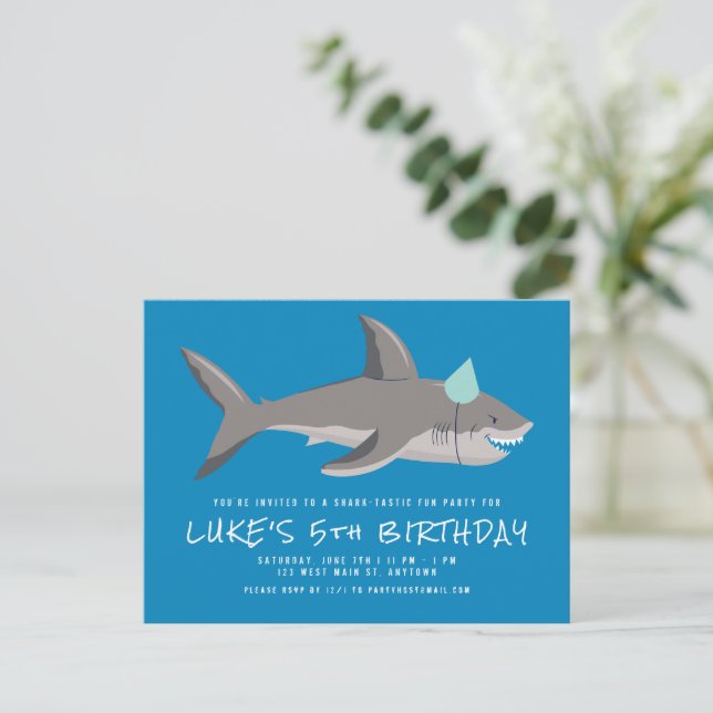 Shark Blue Cool Kids Birthday Party Invitation Postcard (Standing Front)