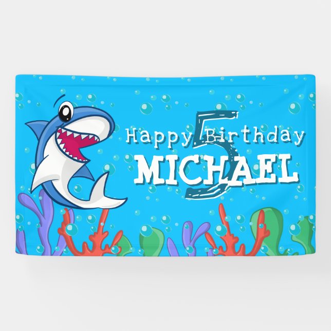 Shark Blue Ocean Kids Any Age Birthday Banner (Horizontal)
