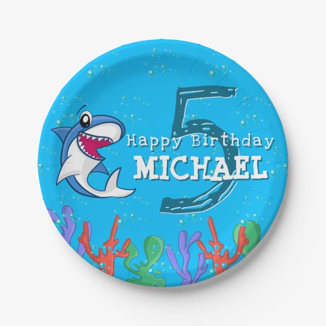 Shark Blue Ocean Kids Any Age Birthday Paper Plate (Front)
