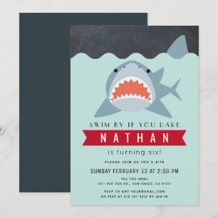 Shark Boy Navy Blue Pool Birthday Invitation