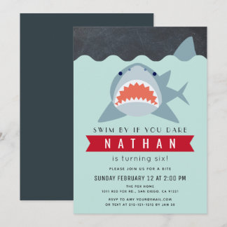 Shark Boy Navy Blue Pool Birthday Invitation
