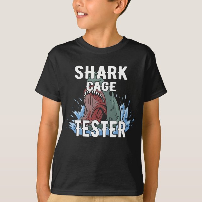 Shark Cage Tester – Funny Ocean Adventure Humor T-Shirt (Front)