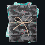 Shark Camouflage Patterned Wrapping Paper Set of 3<br><div class="desc">Add a "bite" of fun to your gift with this cool (yet scary!) shark camouflage patterned wrapping paper set. The black, gray and teal coloring gives the overall look and style a fun and fresh underwater feel. But beware of that pop of red added in for extra scare! Matching items...</div>