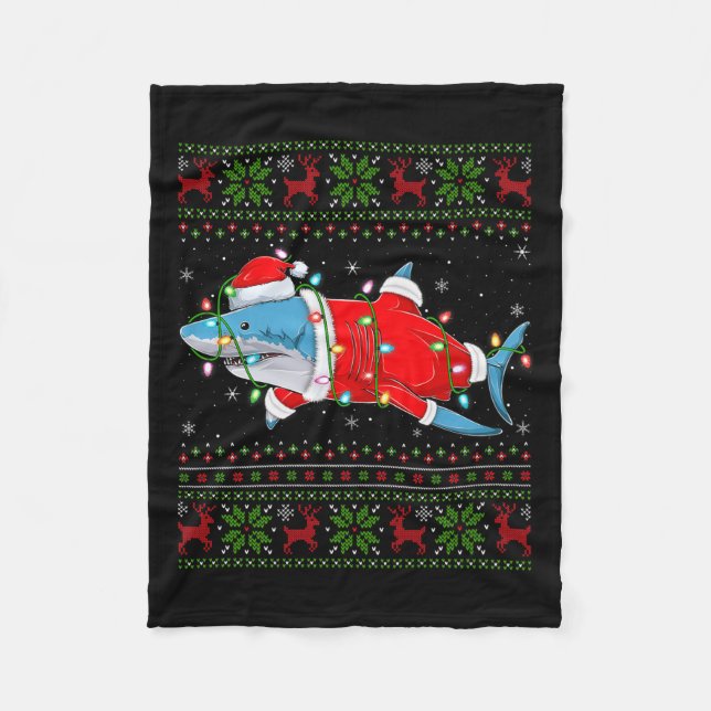 Shark Christmas Lights Santa Costume Ugly Xmas Swe Fleece Blanket (Front)