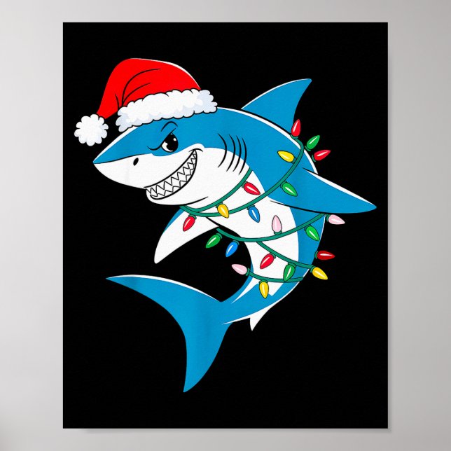 Shark Christmas Lights Santa Hat Xmas Pajama Boys  Poster (Front)